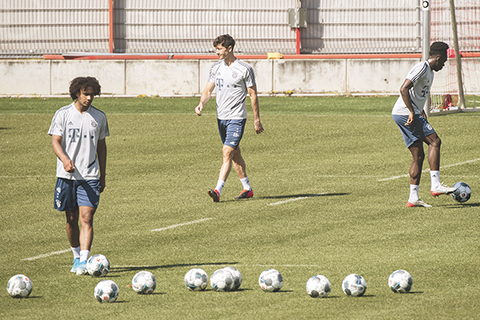 ◎ (左起)荷蘭前鋒施克斯、波蘭前鋒利雲度斯基、加拿大中場艾方素戴維斯昨日在拜仁隊「復工」。(美聯社)