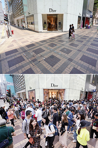 ◎ 五月三日下午,香港尖沙咀廣東道客流稀少(上圖)。去年五一黃金周期間,同一地點卻是人潮湧動的熱鬧景象(下圖)。受新冠肺炎疫情影響,今年五一假期香港首次沒有內地旅遊團。(香港中通社)