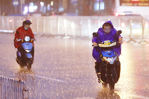 ◎ 八月十二日晚,北京海淀區,市民冒雨出行。當日,北京迎來強降雨天氣。據北京市氣象台預計,這是北京今年入汛以來的最強降雨。(中新社)