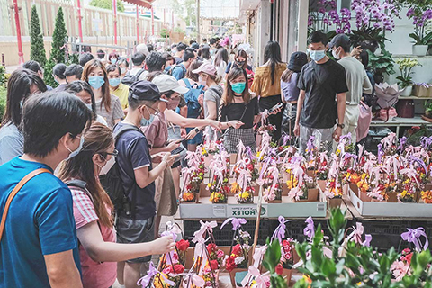 ◎ 五月九日,香港旺角花墟一帶的園藝店人流暢旺,不少市民趁母親節購買花束,送贈母親。(香港中通社)