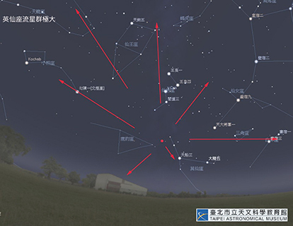 ◎ 英仙座流星雨辐射點位置示意圖。(圖片來源:臺北市立天文科學教育館)