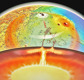 ◎ 這是描繪溫暖而浮動的岩石從火星內部深處升起,並推動到埃律西昂平原的構想圖 (圖片來源:Adrien Broquet&Audrey Lasbordes)