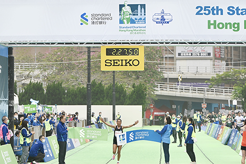 ◎ 二月十二日,香港舉行第二十五屆渣打香港馬拉松賽事,共吸引三點七萬名跑手參與。當中,馬拉松挑戰組(全馬)賽事。女子組由埃塞俄比亞跑手占美馬(Fantu Eticha Jimma)以二小時二十七分五十一秒完成賽事奪冠。圖為馬拉松全馬賽事女子組冠軍占美馬衝線。(中新社記者 李志華 攝)