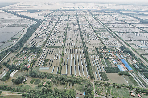 ◎ 八月十二日,中國水利部官網發佈消息,根據最新洪水調查和實測成果,經水利部綜合分析研判,今年海河流域子牙河發生大洪水,大清河、永定河發生特大洪水。依據水利部印發的《全國流域性洪水劃分規定(試行)》,本次洪水判定為流域性特大洪水,並命名為海河「二三·七」流域性特大洪水。圖為八月七日,天津市西青區辛口鎮第六埠,大清河東淀蓄滯洪區內被洪水淹沒的農田。(無人機照片)(中新社記者 佟郁 攝)