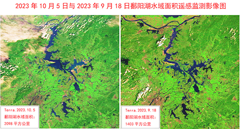 ◎ 圖為二零二三年十月五日與二零二三年九月十八日鄱陽湖水域面積遙感監測影像圖。 (江西省生態氣象中心 供圖)