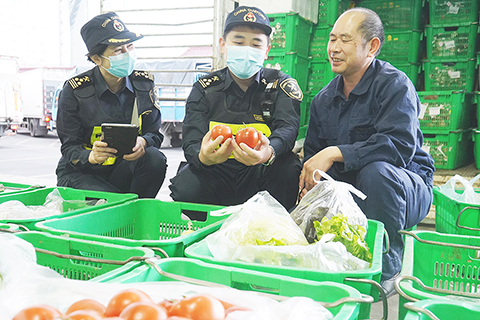 ◎ 關口海關關員查驗首批以粵澳集中申報的「一單兩報」貨物。(劉文 攝)
