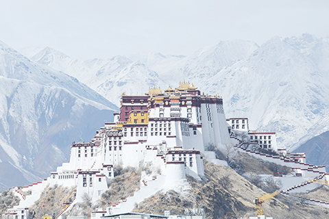 ◎ 二月十五日,西藏拉薩,雪後的拉薩周圍群山白雪皚皚,布達拉宮風景如畫。(中新社記者 貢嘎來松 攝)