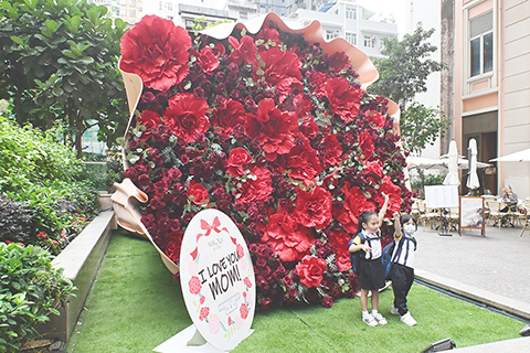 ◎ 香港灣仔利東街在母親節到來之際打造三點五米高的巨型「玫瑰花束」,以一千朵仿真玫瑰向母親節致敬。(香港中通社圖片)