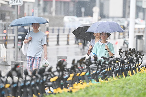◎ 八月四日十時,瀋陽市防汛抗旱指揮部辦公室決定發佈城市防汛黃色預警並啟動城市防汛三級應急響應。圖為市民在雨中出行。(中新社記者 于海洋 攝)