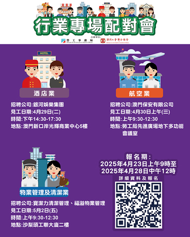 ◎ 勞工局續辦三場配對會,提供二百四十五個職缺。