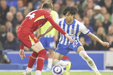 ◎ 白禮頓二十二號三笘薰建功,追平利物浦二比二。(美聯社)