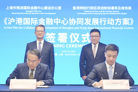 ◎ 香港特區財政司司長陳茂波和財經事務及庫務局局長許正宇六月十八日出席《滬港國際金融中心協同發展行動方案》發佈儀式。圖為在陳茂波(後排左)和上海市委常委及常務副市長吳偉(後排右)見證下,財經事務及庫務局局長許正宇(前排左)和上海市推進國際金融中心建設辦公室主任、上海市地方金融管理局局長周小全(前排右)簽署《滬港國際金融中心協同發展行動方案》。(香港中通社圖片)
