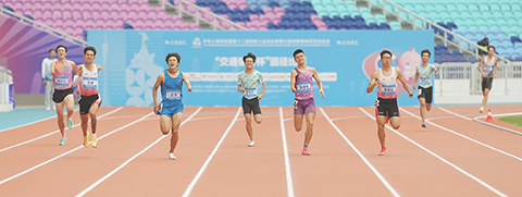 ◎ 十二月十二日,內蒙古隊選手趙強(左三)在男子四百米T四十七級決賽中。最終,他獲得冠軍。當日,全國第十二屆殘疾人運動會暨第九屆特殊奧林匹克運動會田徑項目在廣州繼續進行。(新華社記者 才揚 攝)