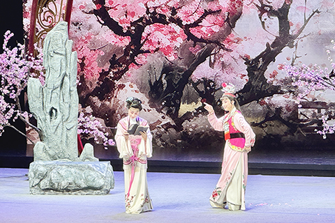 ◎ 第十屆越劇春晚現場,兩名演員表演越劇《紅樓夢·讀西廂》。(項菁攝)