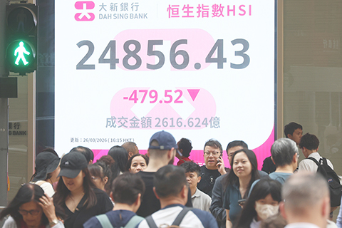 ◎ 3月26日,截至收盤,香港恒生指數跌479.52點,跌幅1.89%,報24856.43點,主板全天成交2616.62億港元。(香港中通社記者 鄧梓傑 攝)