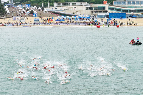 ◎ 五月二十三日,參賽選手在女子優秀組游泳比賽中(無人機照片)。為期兩天的二0二六年連雲港鐵人三項亞洲盃賽暨「一帶一路」國際鐵人三項賽在江蘇省連雲港市連島景區鳴槍開賽。(新華社發 王健民 攝)