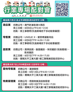 ◎ 勞工局與工聯八月上旬將辦五場行業配對會。