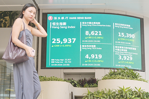 ◎ 八月十日,香港恒生指數收市報二五九三七.四九點,上漲二百六十九.四六點,漲幅為百分之一點零五,全天成交金額為二千四百零二億七千九百七十萬港元。(中新社記者 陳永諾 攝)